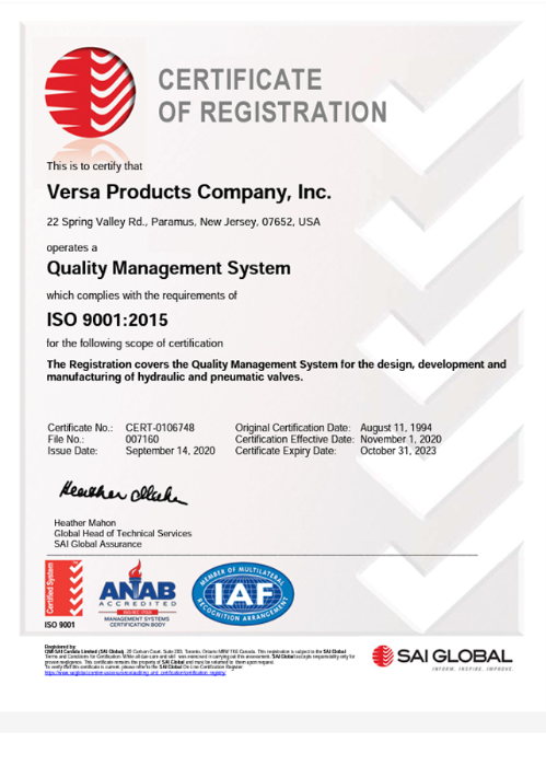 VERSA ISO 9001:2015 Certification